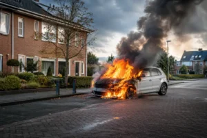 Auto vat vlam in eigen straat in Roomburg