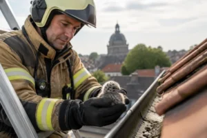 Brandweer redt jong meeuwenkuiken uit dakgoot in Leiden