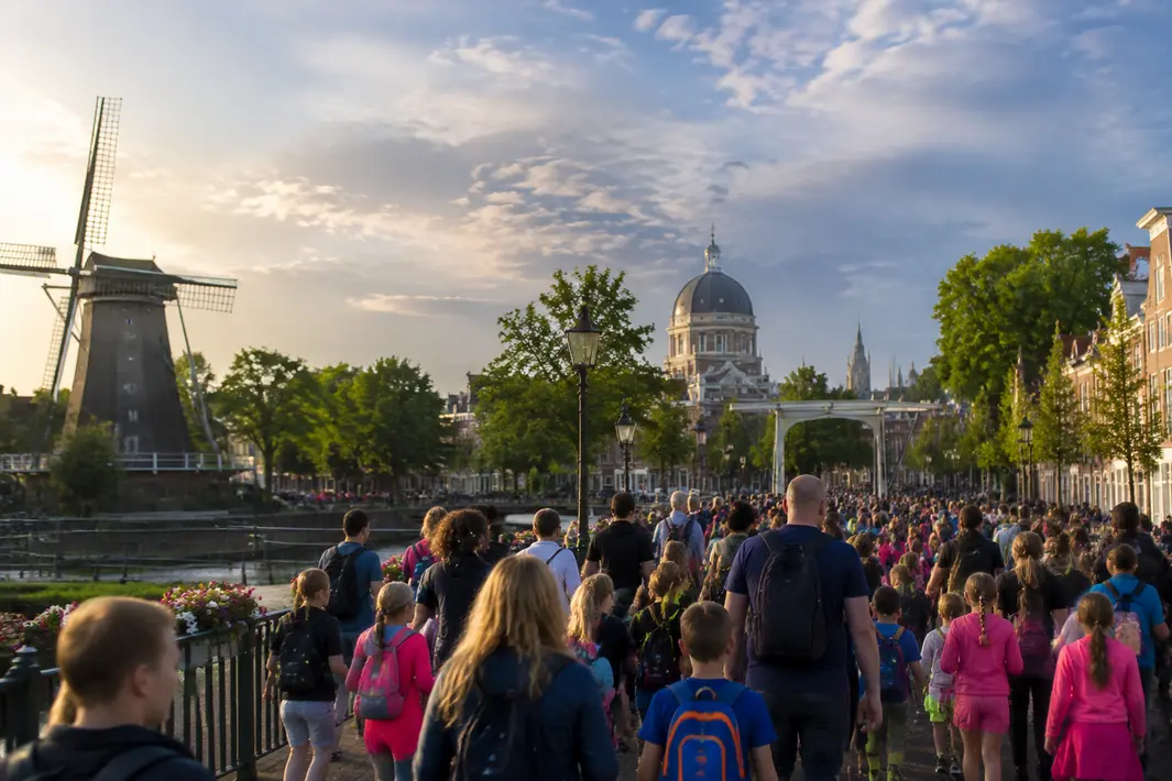 Start van de Avondvierdaagse in Leiden met vele deelnemers